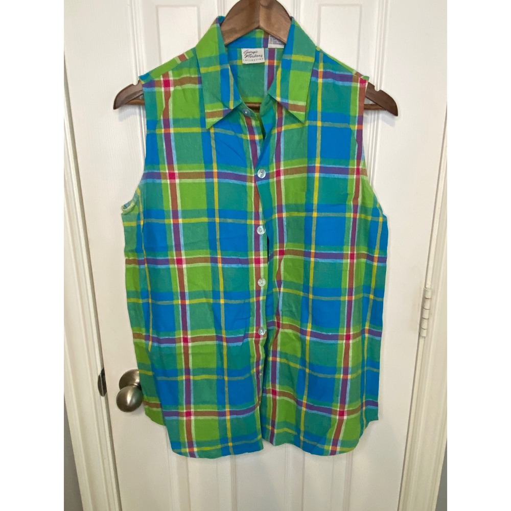 Giorgio Fiorlini Plaid Sleeveless Linen Blend Shirt Blue Green Medium